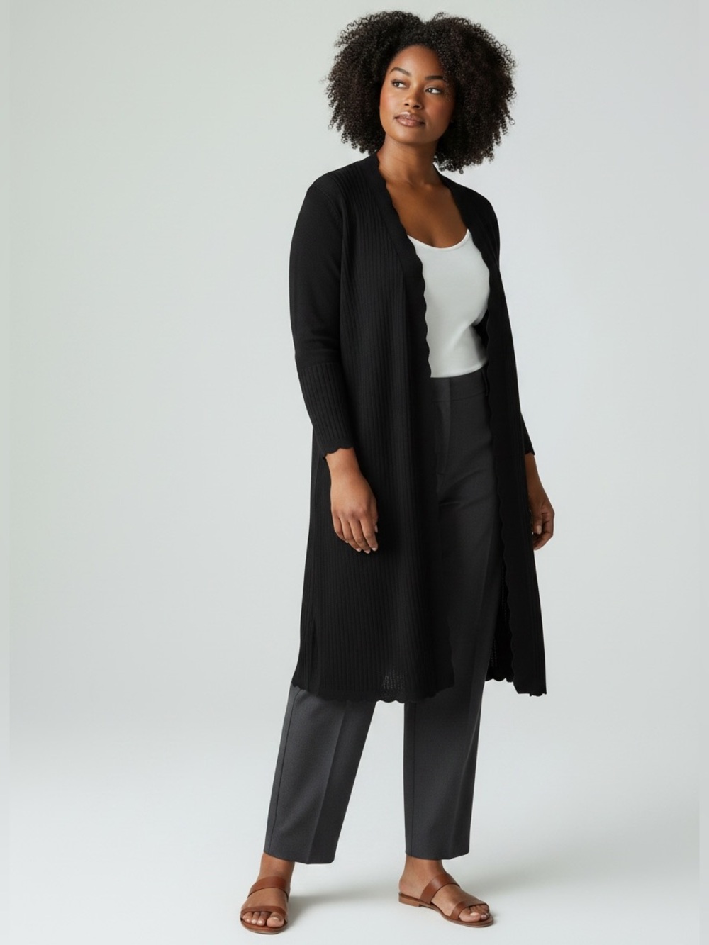 Ronni Nicole Black Long Open-Front Scallop Cardigan